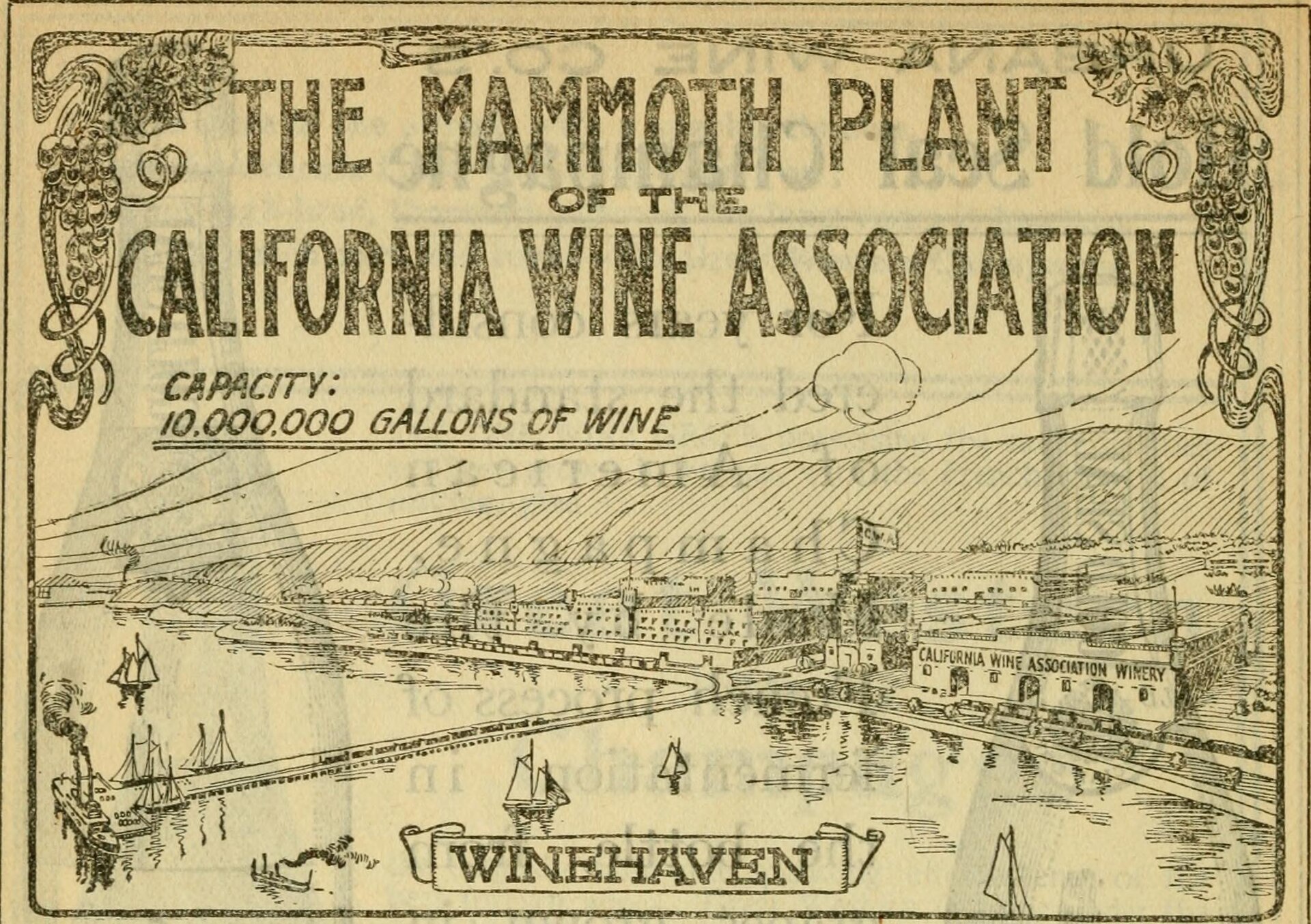 1908 World Almanac illustration of the California Wine Association plant at Winehaven, framed in grapevines, claiming ten million gallons capacity